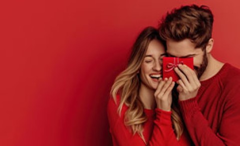 Ένα ζευγάρι γελάει κρατώντας ένα δώρο