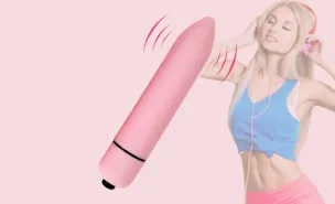 Pink mini vibrator and a woman with headphones