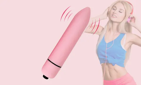 Pink mini vibrator and a woman with headphones
