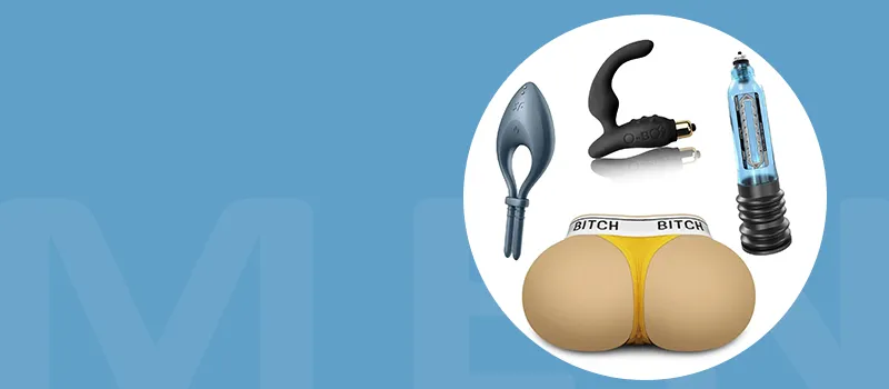 Four men's sex toys with the word men in the background