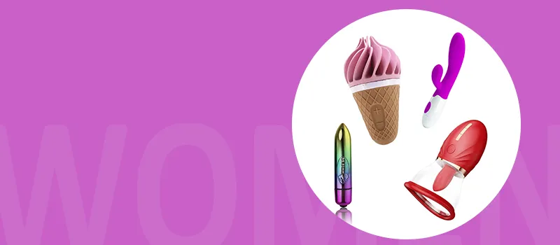 Four female sex toys with the word women in the background