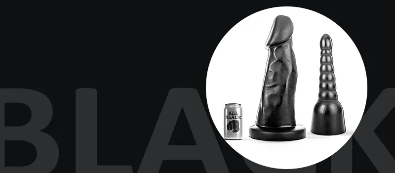 Four penis models in various colors and sizes and the word dildo in the background