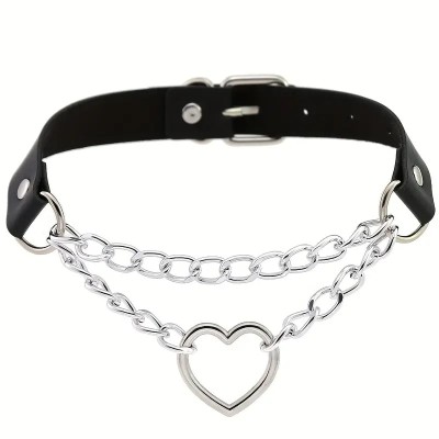 Collar with Double Chain Heart Black Collar with Double Chain Heart Black