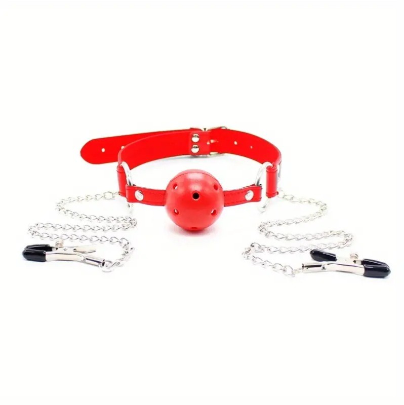 Ball Gag and Nipple Clamps Red