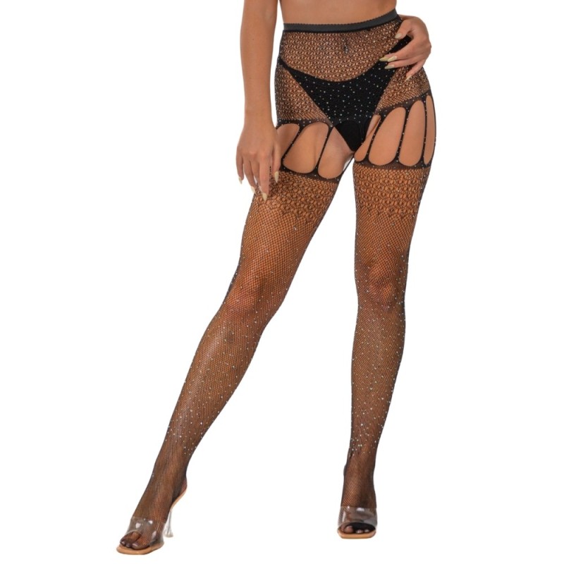 Lace Διχτυωτές Ζαρτιέρες με Κάλτσες Lace Rhinestone Suspender Tights Μαύρες Ζαρτιέρες & Καλτσοδέτες