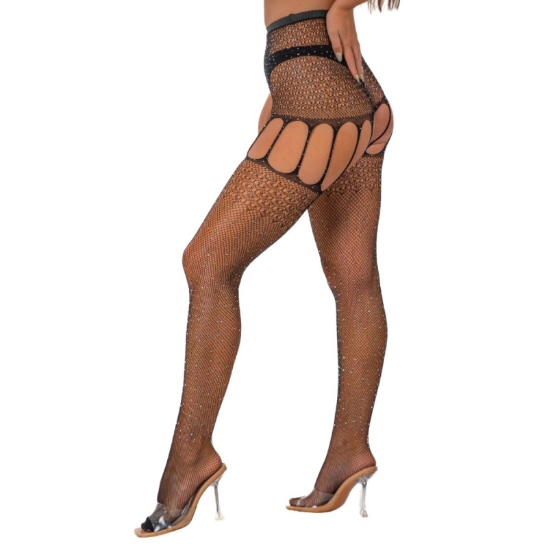 Lace Διχτυωτές Ζαρτιέρες με Κάλτσες Lace Rhinestone Suspender Tights Μαύρες Ζαρτιέρες & Καλτσοδέτες