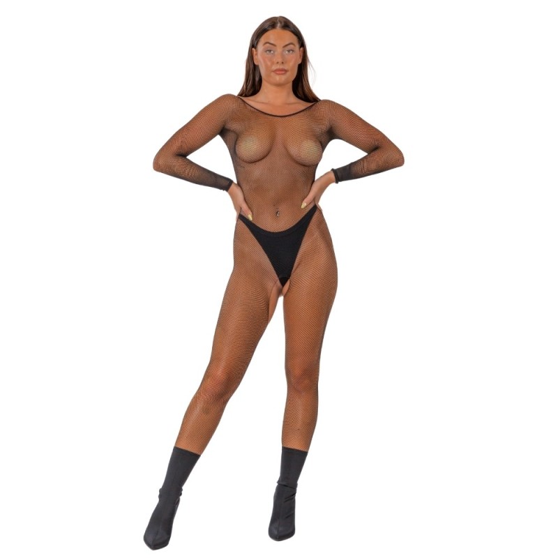 Lace Ολόσωμο Καλσόν Crotchless με Μακριά Μανίκια Lace Μαύρο Ολόσωμα Καλσόν