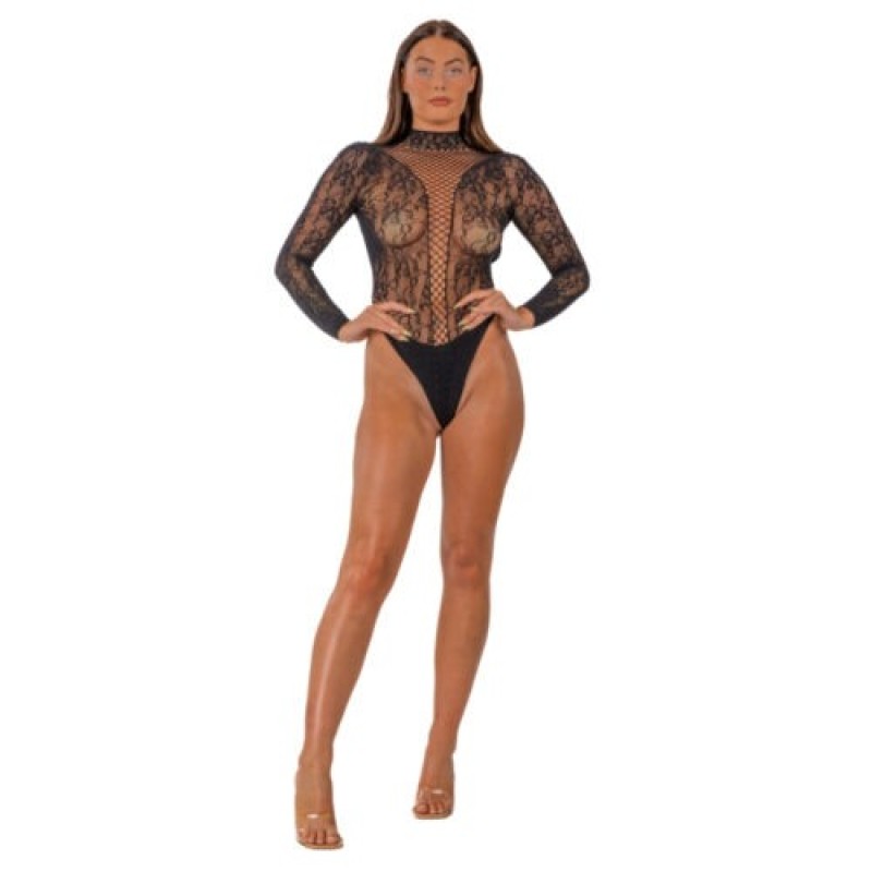 Διχτυωτό Κορμάκι με Ψηλό Λαιμό και Δαντέλα Lace Μαύρο Lace Διχτυωτό Κορμάκι με Ψηλό Λαιμό και Δαντέλα Lace Μαύρο Κορμάκια