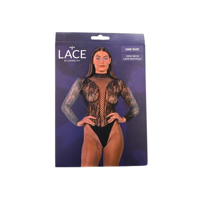 Lace Διχτυωτό Κορμάκι με Ψηλό Λαιμό και Δαντέλα Lace Μαύρο Κορμάκια