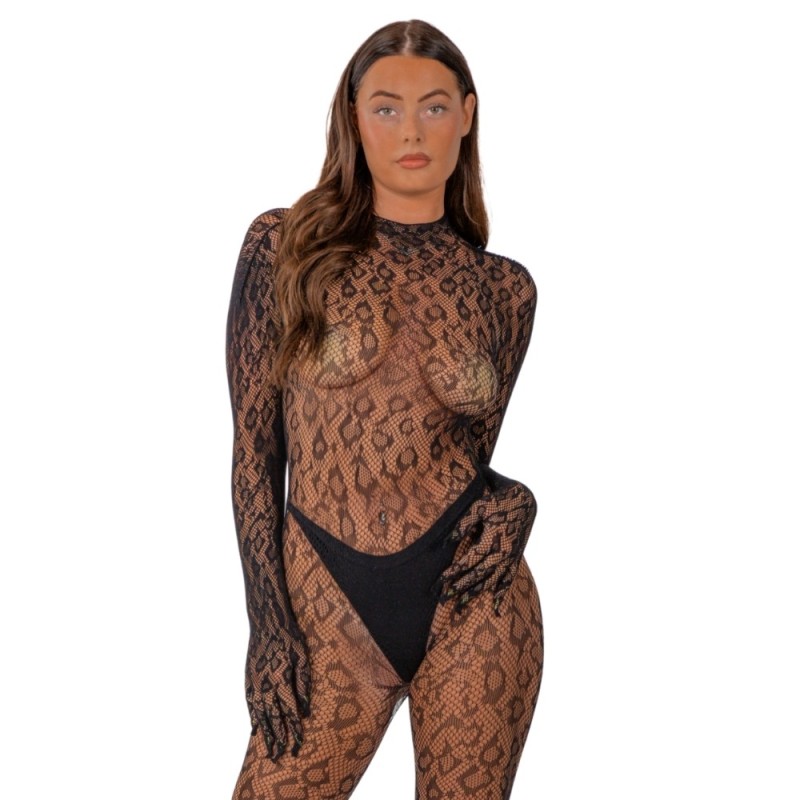 Lace Ολόσωμο Διχτυωτό Καλσόν Lace Gloved Print Catsuit Λεοπάρ Ολόσωμα Καλσόν