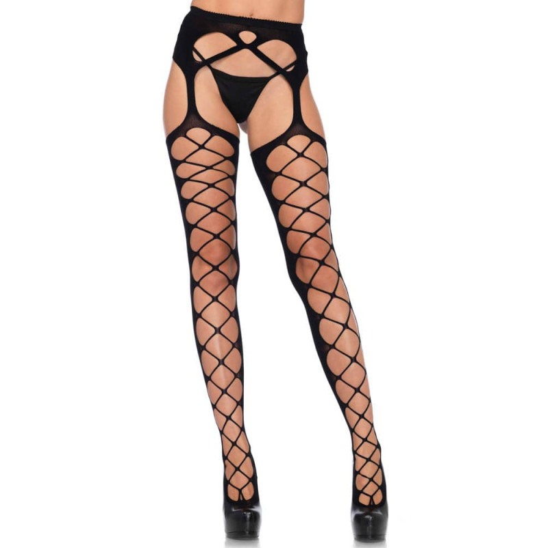 Leg Avenue Ζαρτιέρες με Κάλτσες Leg Avenue Diamond Net Opaque Μαύρες Ζαρτιέρες & Καλτσοδέτες