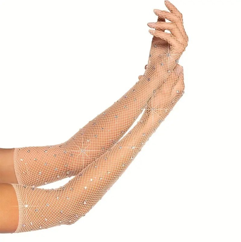 Fishnet Rhinestone Gloves Nude