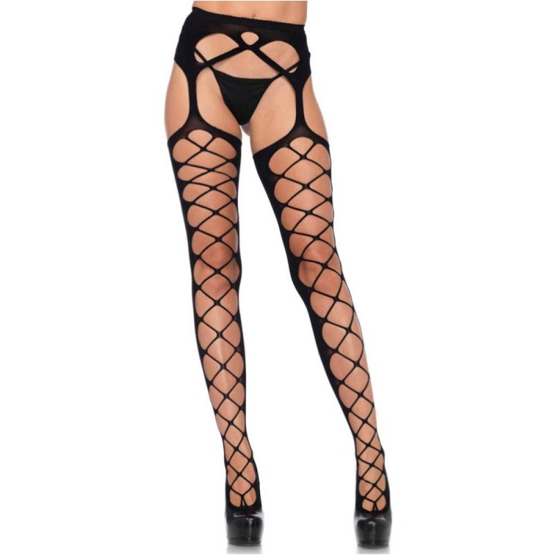 Suspender Pantyhose Leg Avenue Diamond Net Opaque Black