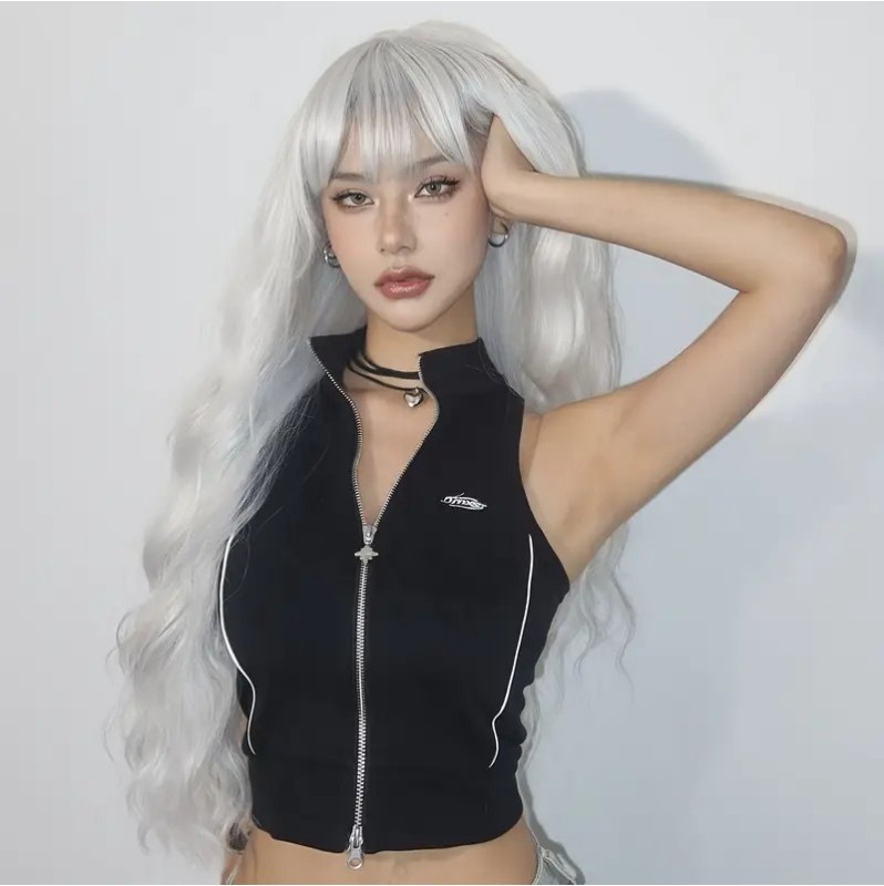 Long Wavy Wig with Bangs Silver