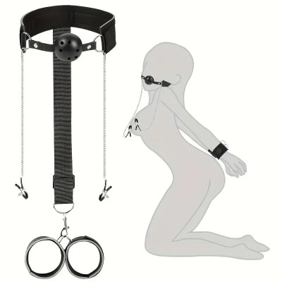 Ball Gag with Hand Cuffs and Nipple Clamps Black Ball Gag with Hand Cuffs and Nipple Clamps Black