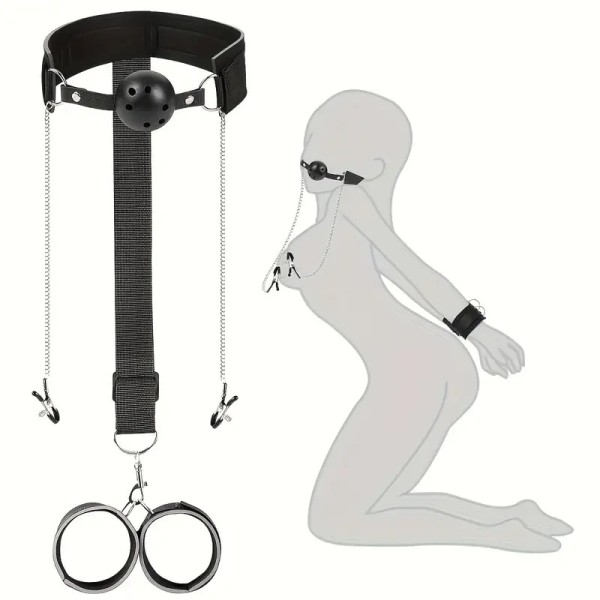 Ball Gag with Hand Cuffs and Nipple Clamps Black