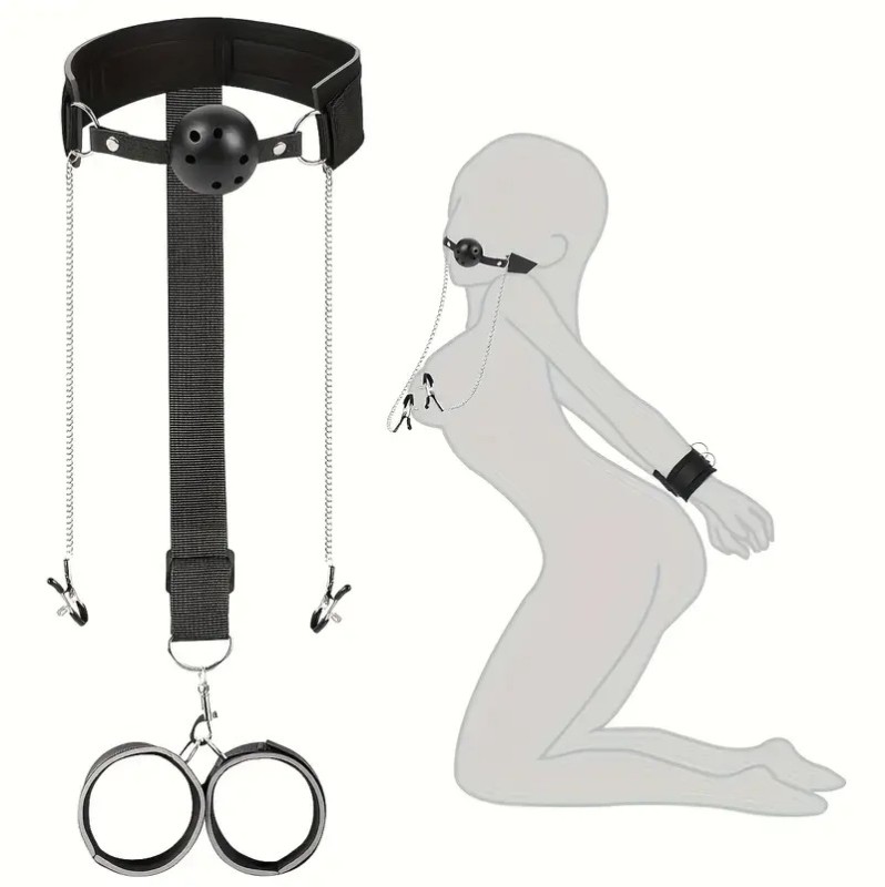 Ball Gag with Hand Cuffs and Nipple Clamps Black
