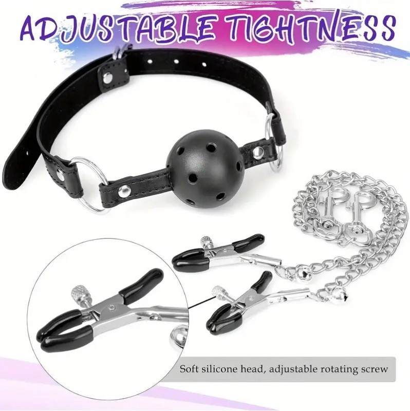 Ball Gag and Nipple Clamps Black