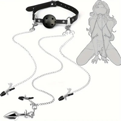 Ball Gag with Nipple/Clit Clamps and Butt Plug Set Black Ball Gag with Nipple/Clit Clamps and Butt Plug Set Black