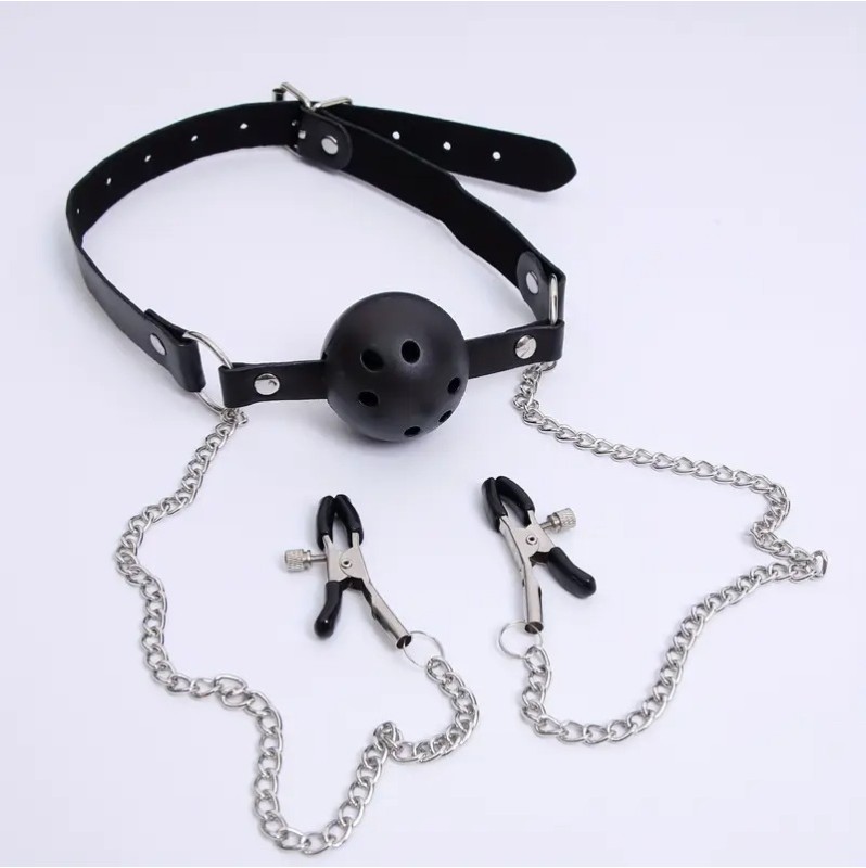 Ball Gag and Nipple Clamps Black