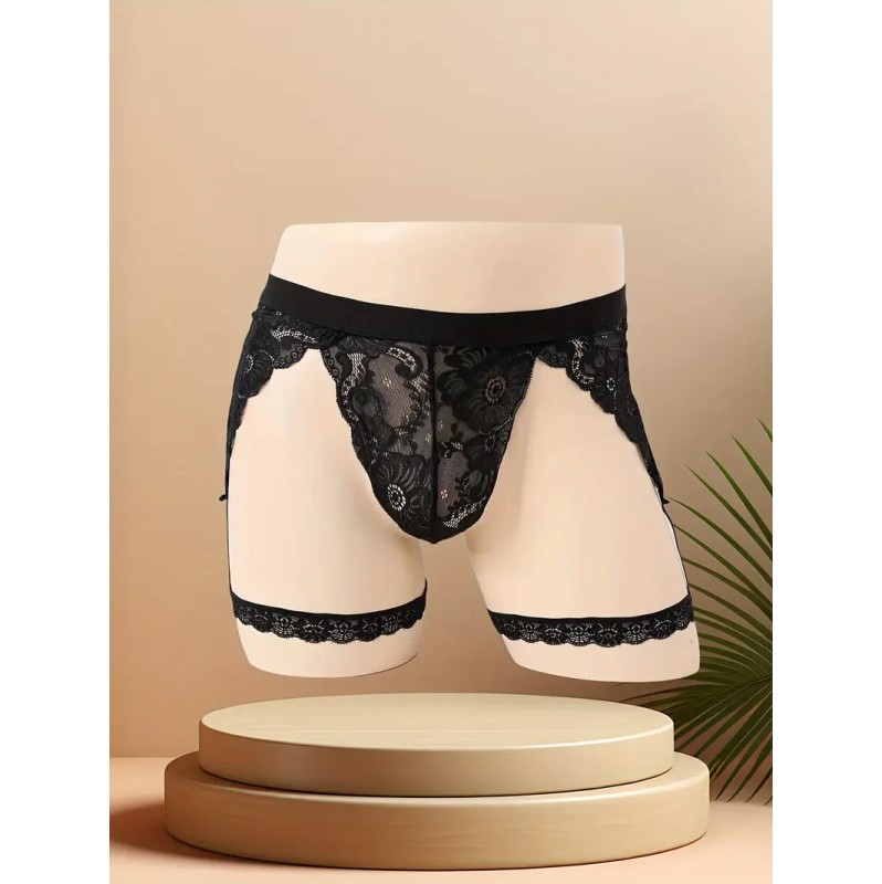 Mens Lace Garter Thong Love Market Black