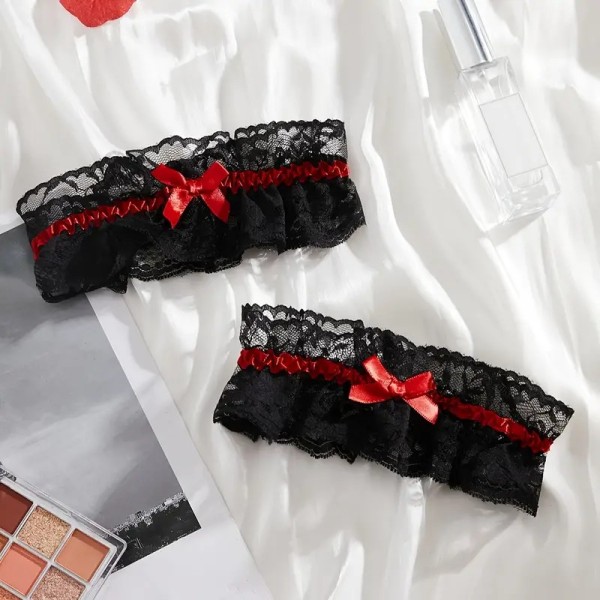 2pcs Lace Garters with Bow Black