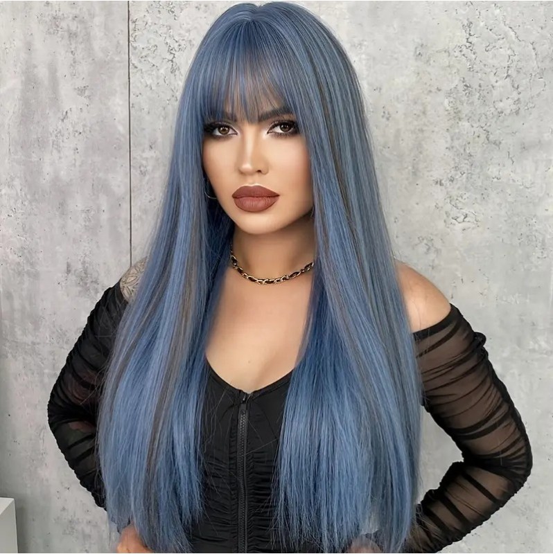 Long Wig with Bangs Blue 