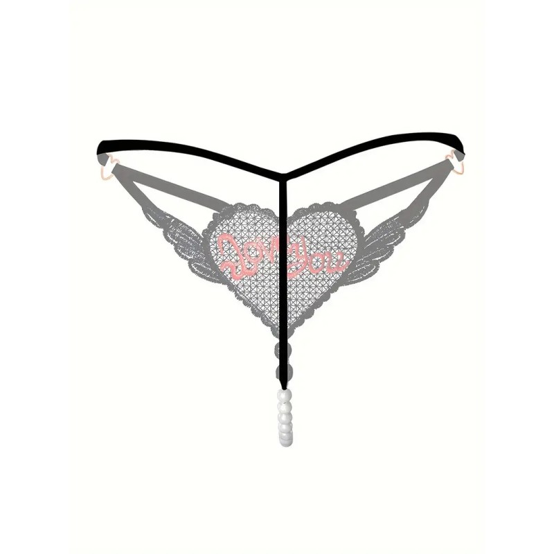 G-string with Pearl Chain Love You Black G-string with Pearl Chain Love You Black