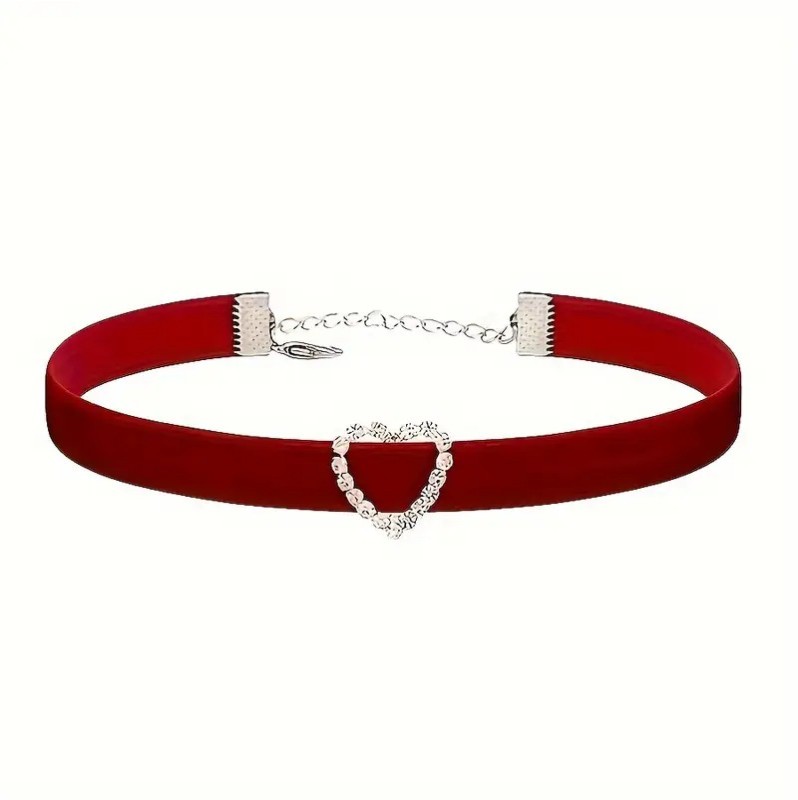 Velvet Rhinestone Heart Choker Red