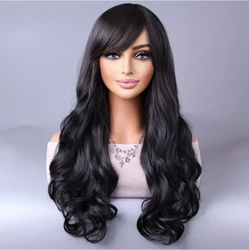 Long Wavy Wig with Bangs Black