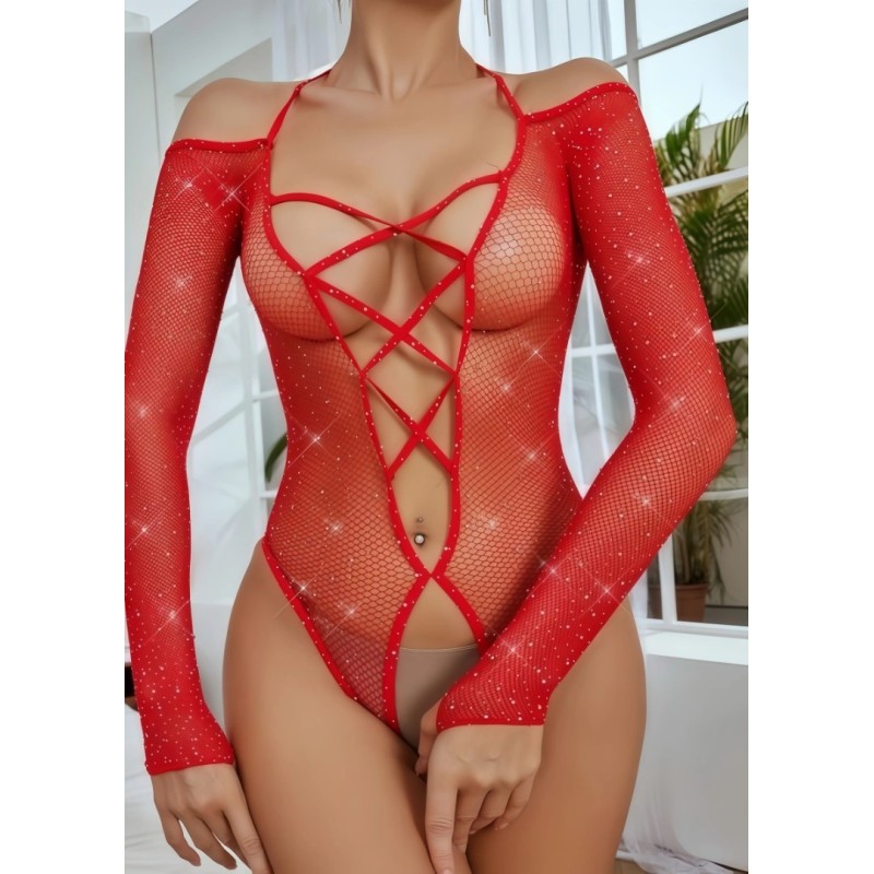 STD Διχτυωτό Κορμάκι Sexy Glitter STD Κόκκινο Κορμάκια