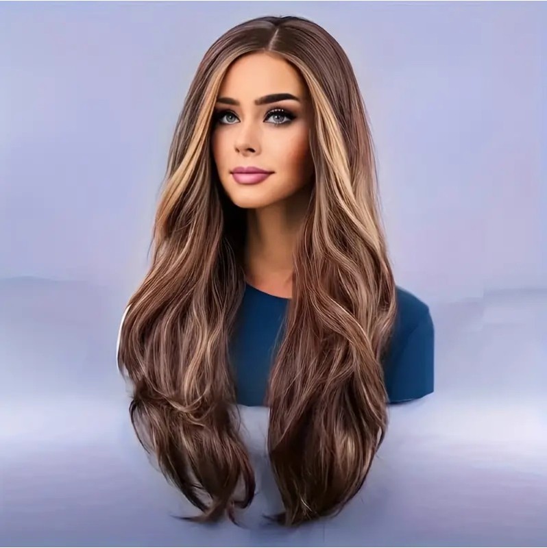 Long Wavy Wig with Bangs Brown