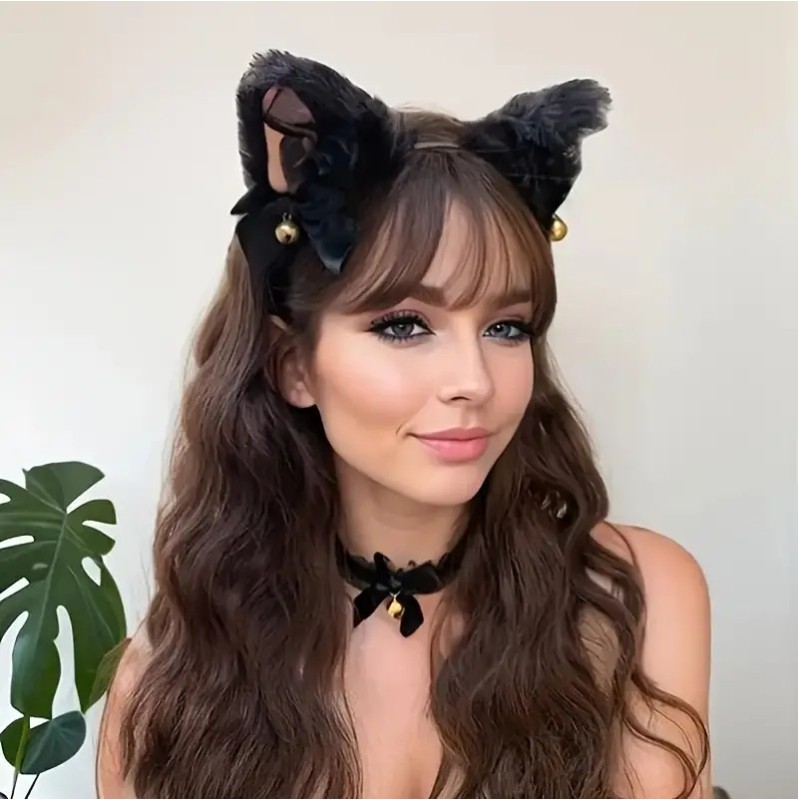 Headband with Cat Ears and Choker Set Black