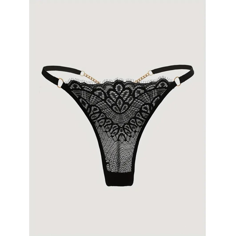 Lace Thong with Chain Black