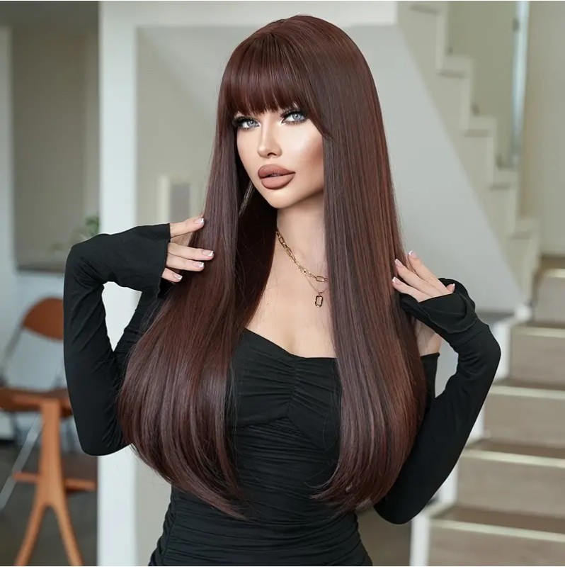 Long Wig with Bangs Red Brown