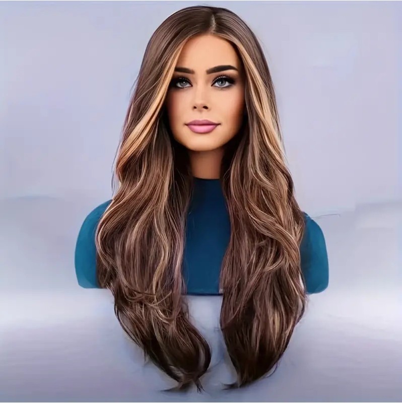 Long Wavy Wig with Bangs Brown