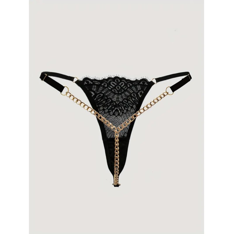 Lace Thong with Chain Black