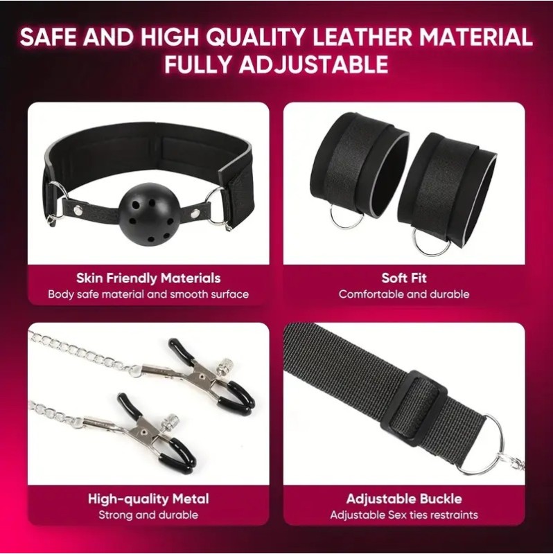 Ball Gag with Hand Cuffs and Nipple Clamps Black