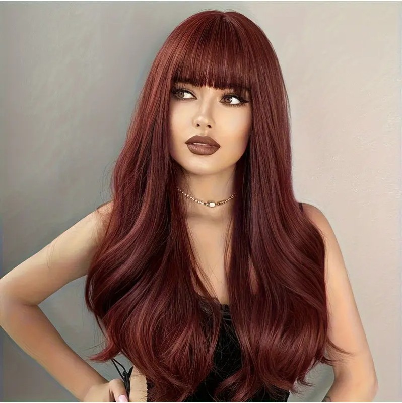 Long Wavy Wig with Bangs Red 