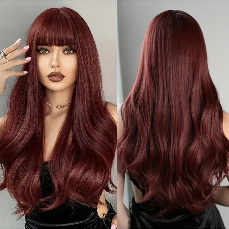 Long Wavy Wig with Bangs Red 