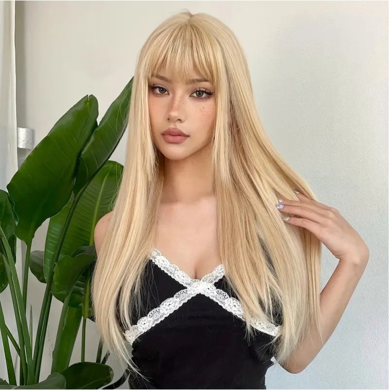 Long Straight Wig with Bangs Blonde 