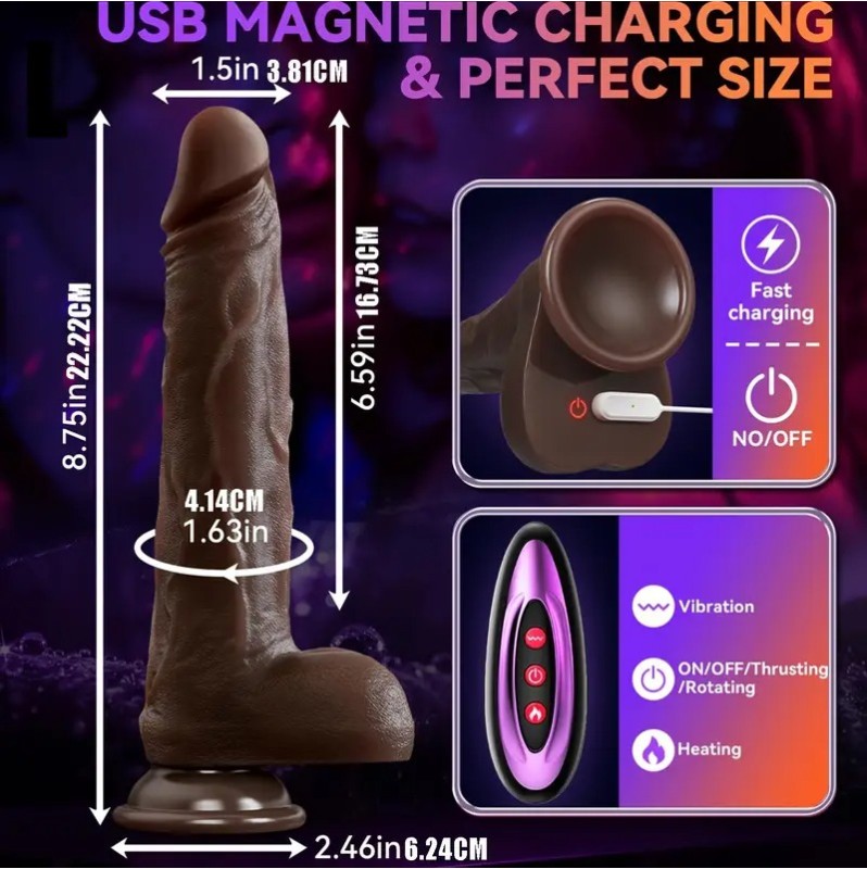 Realistic Heated Thrusting Vibrator With Suction Cup 22cm Brown