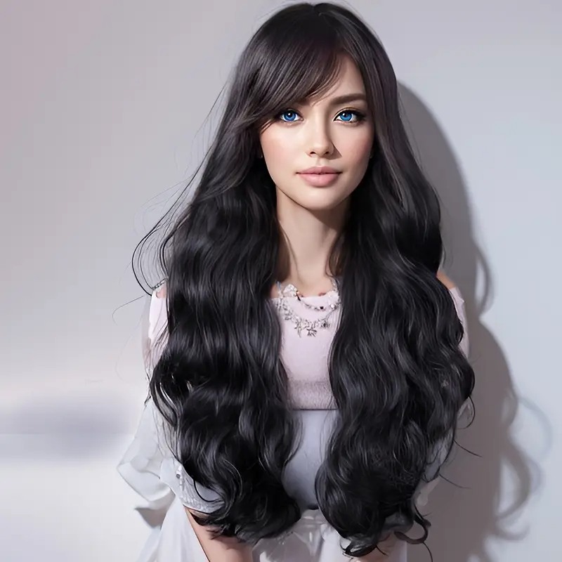 Long Wavy Wig with Bangs Black
