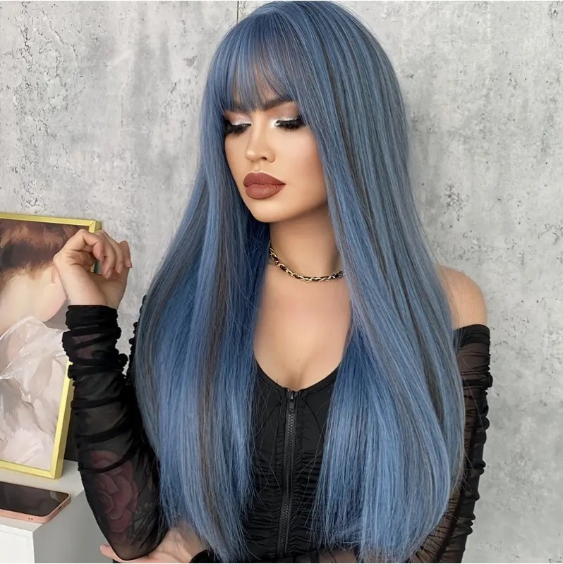 Long Wig with Bangs Blue 