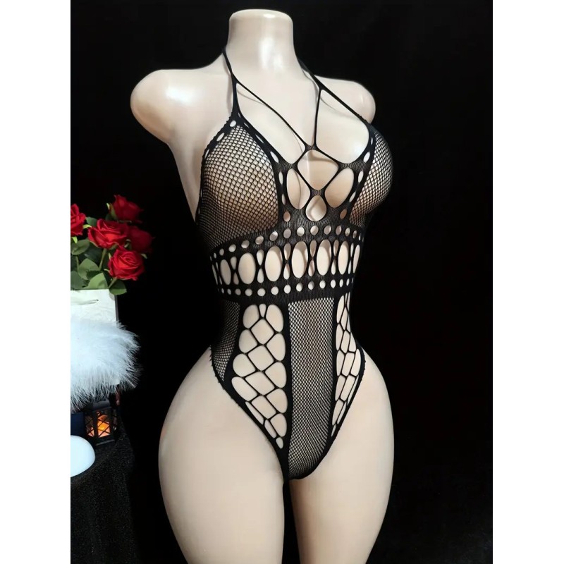 Love Market Διχτυωτό Halter Κορμάκι Vera Μαύρο Κορμάκια