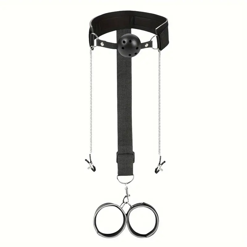 Love Market Ball Gag with Hand Cuffs and Nipple Clamps Black Ball Gags
