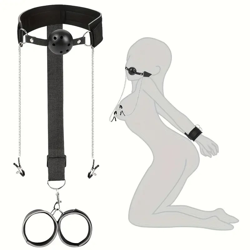 Love Market Ball Gag with Hand Cuffs and Nipple Clamps Black Ball Gags