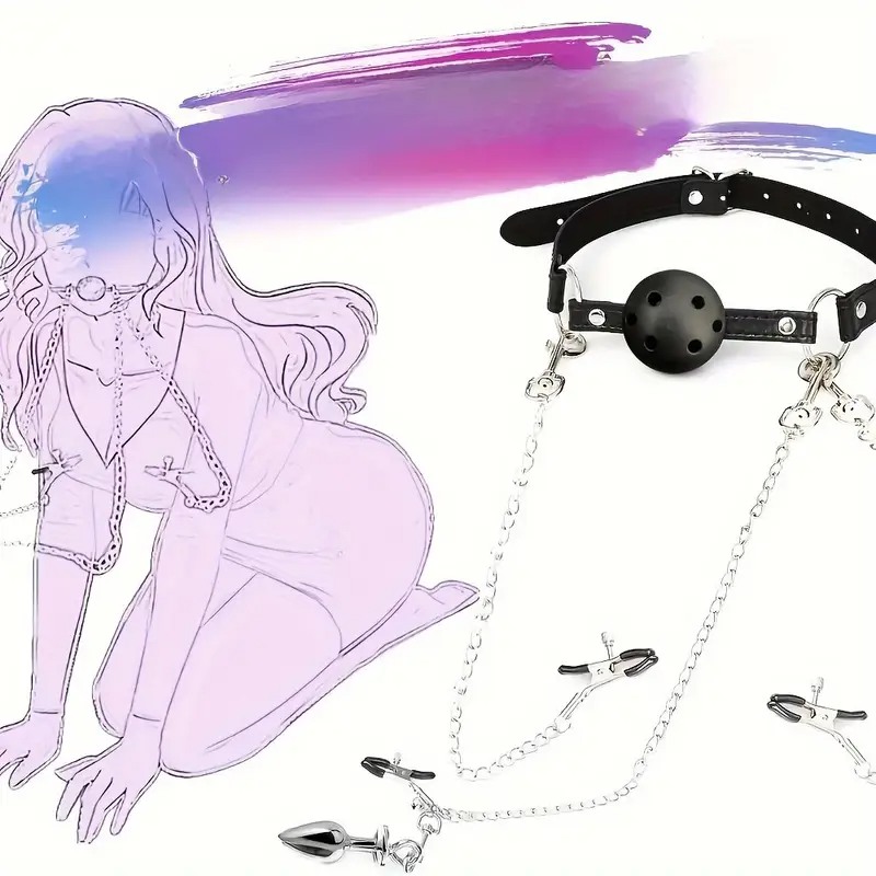 Love Market Ball Gag with Nipple/Clit Clamps and Butt Plug Set Black Ball Gags
