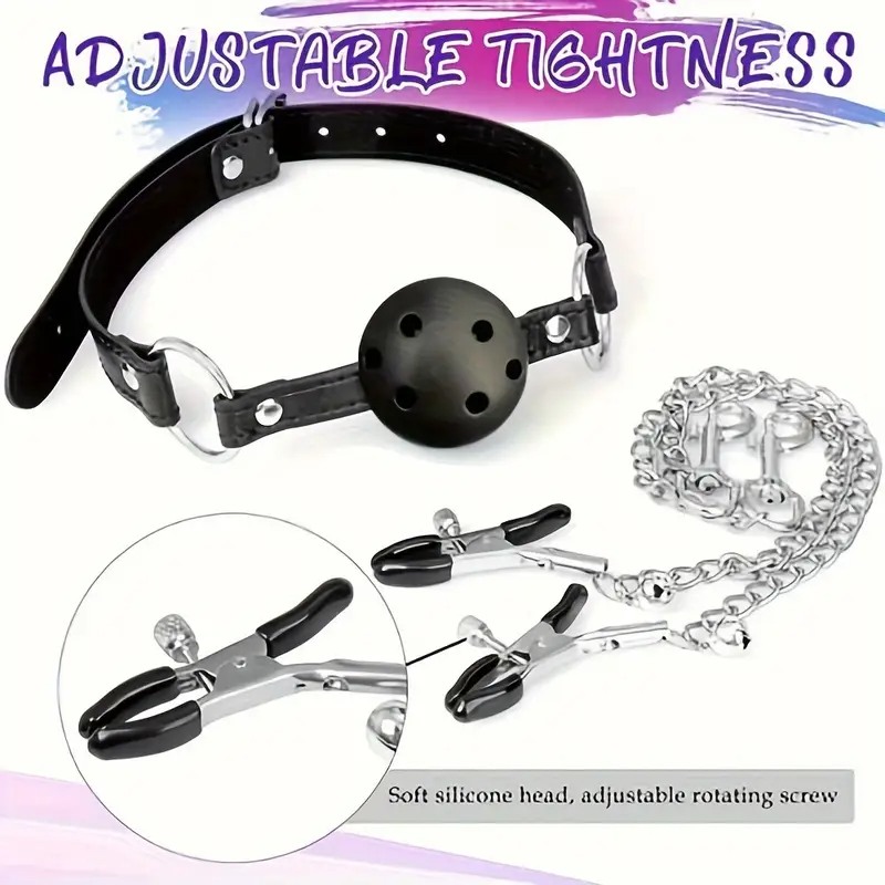 Love Market Ball Gag with Nipple/Clit Clamps and Butt Plug Set Black Ball Gags