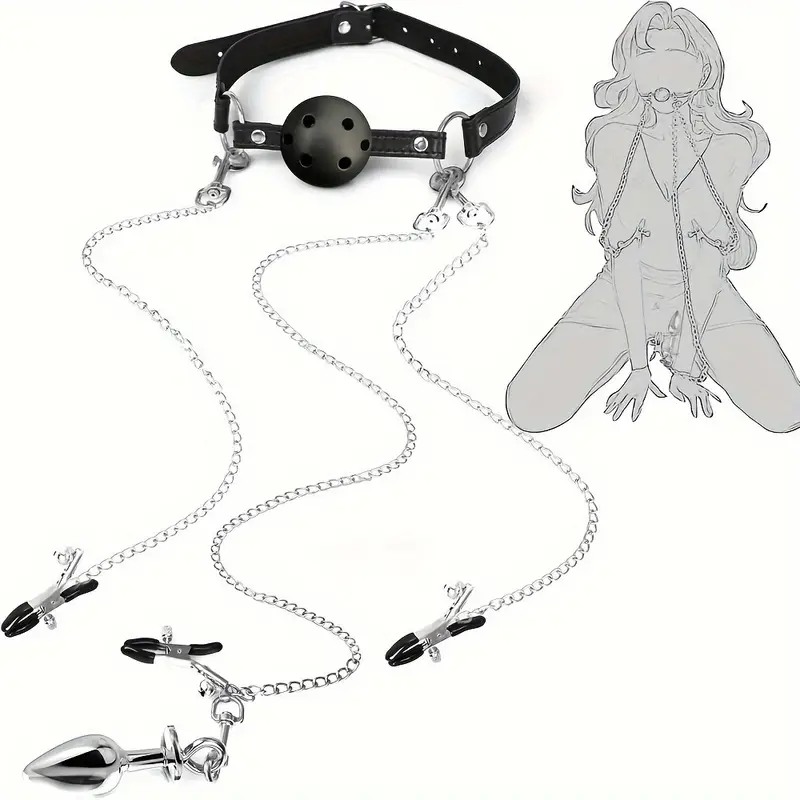 Love Market Ball Gag with Nipple/Clit Clamps and Butt Plug Set Black Ball Gags